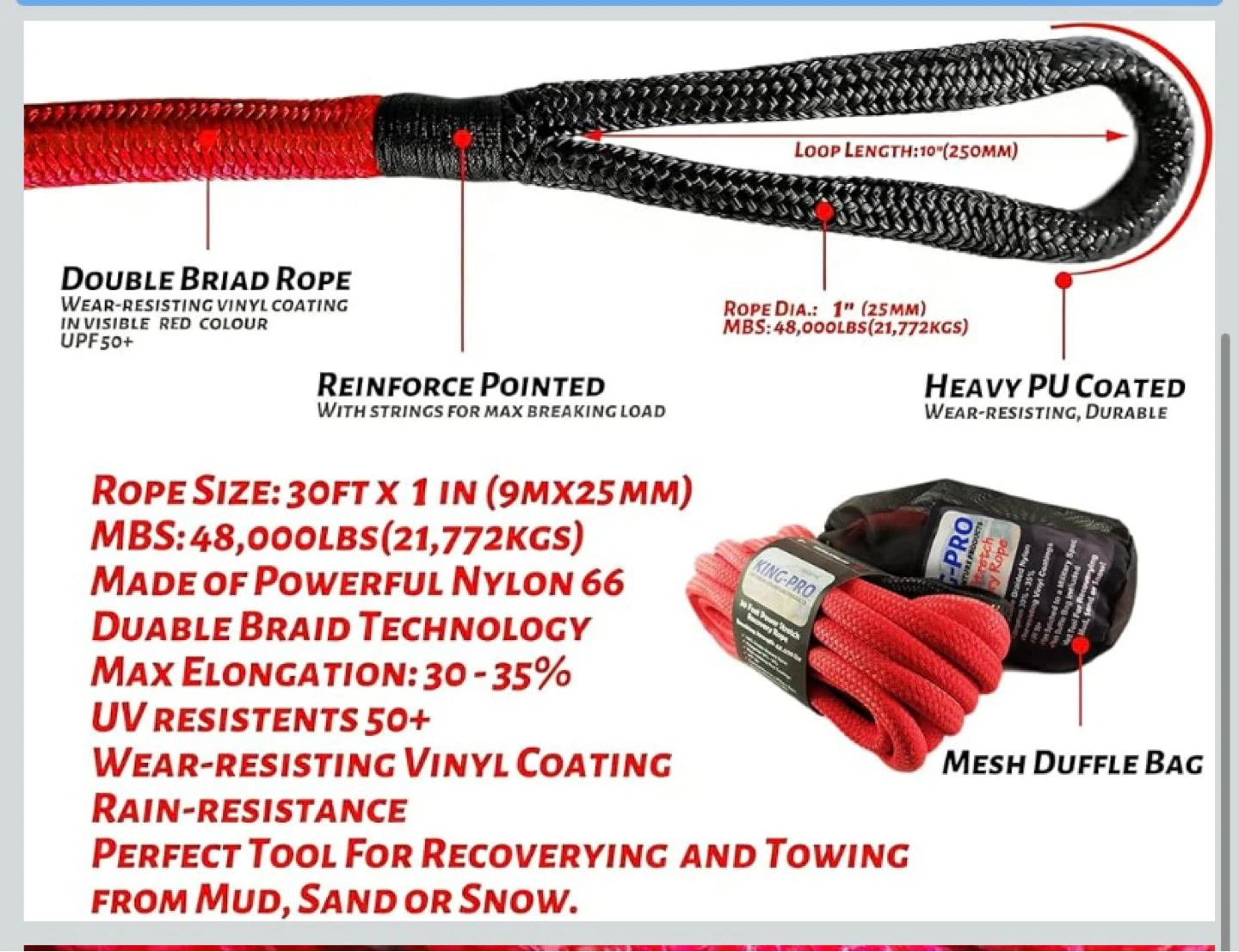 New KING-PRO Kinetic Recovery Rope 1“x30' Towing Rope 48,000lbs - photo 3