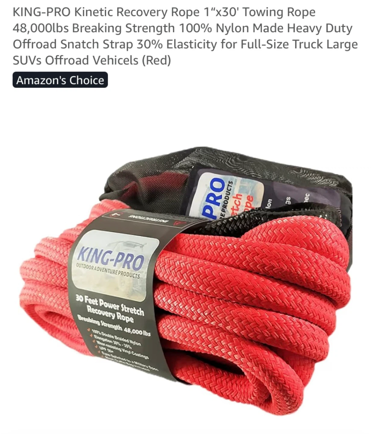 New KING-PRO Kinetic Recovery Rope 1“x30' Towing Rope 48,000lbs