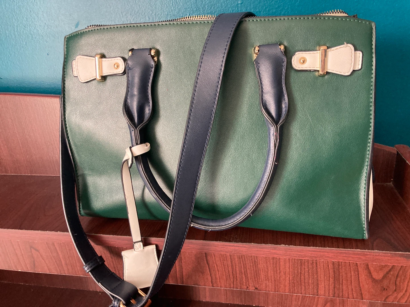 Cleo Green Satchel Handbag with Navy Straps