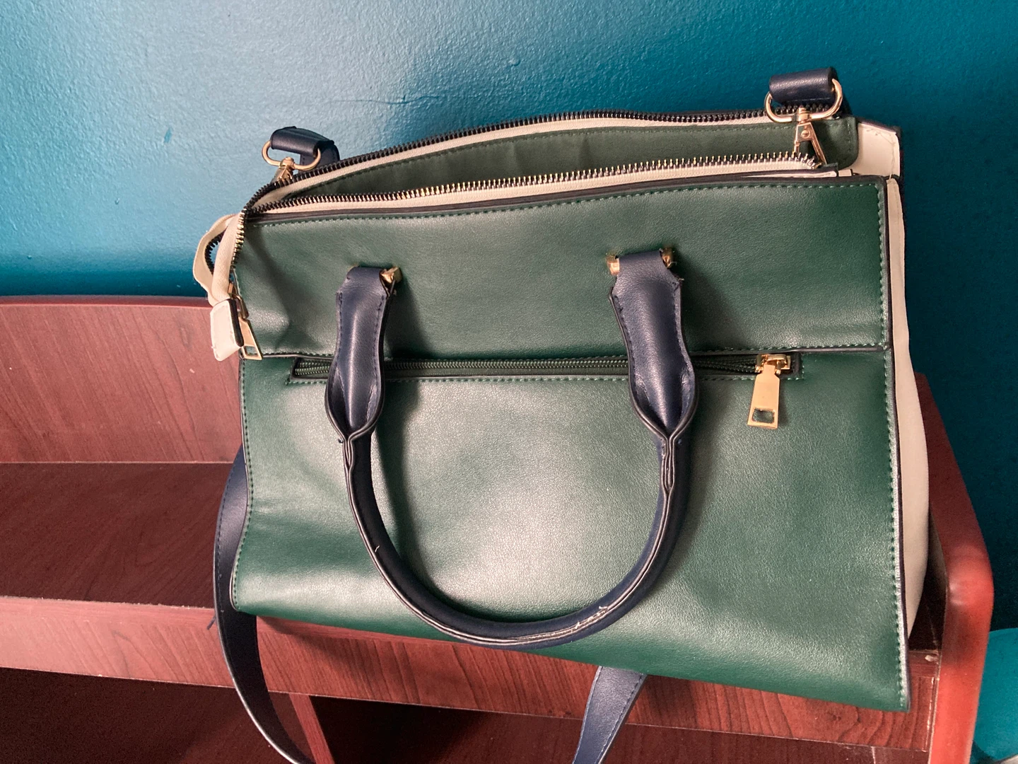 Cleo Green Satchel Handbag with Navy Straps - photo 2