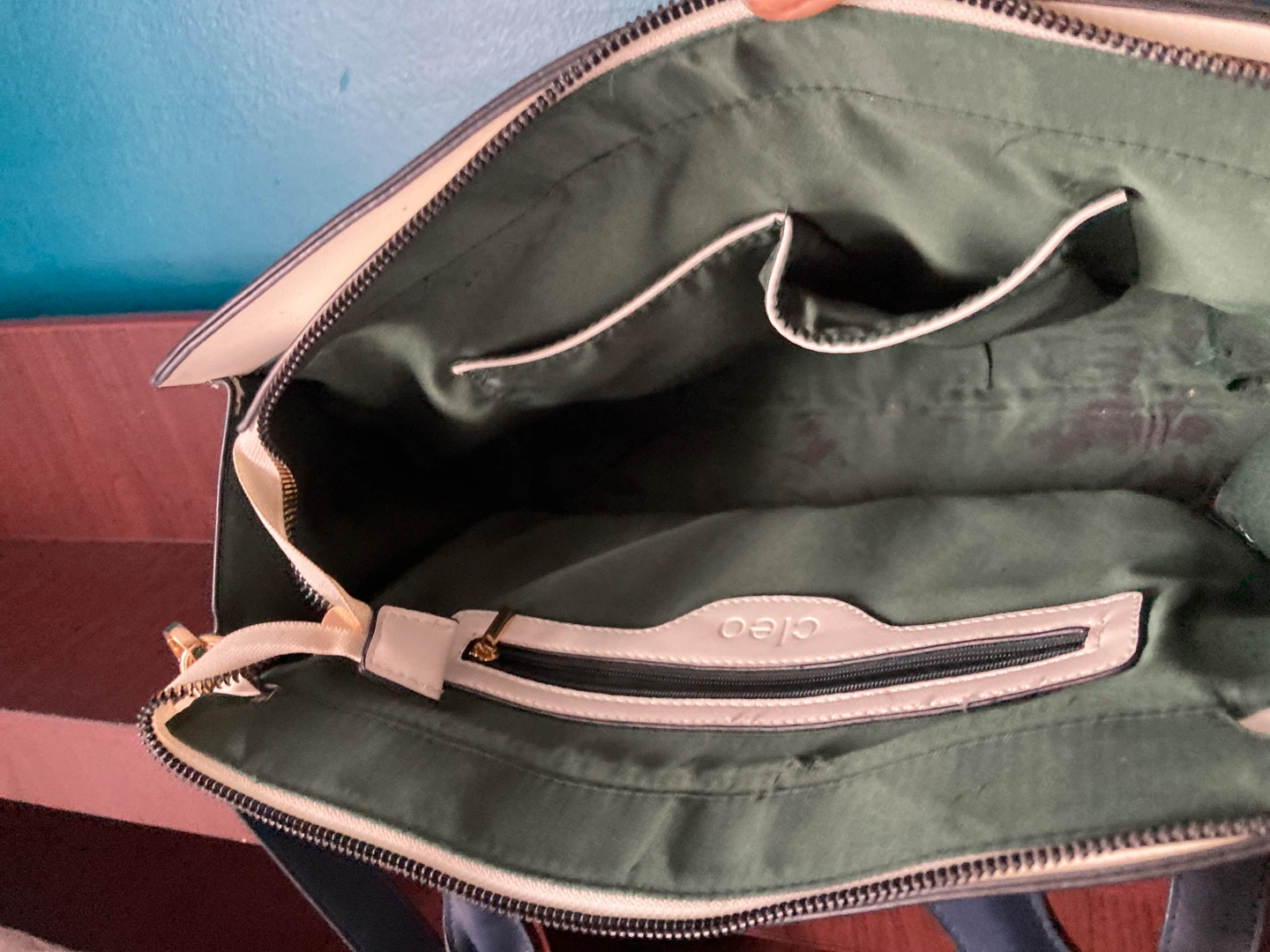Cleo Green Satchel Handbag with Navy Straps - photo 3