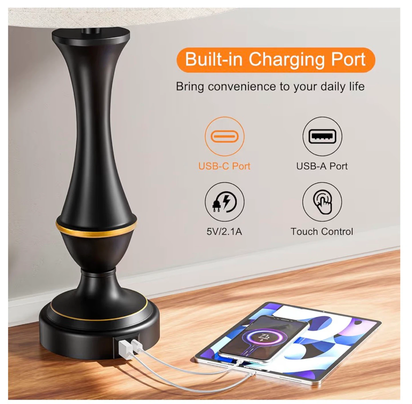 Touch Control Nightstand Lamps Set of 2 with USB Charging 2TC - photo 3