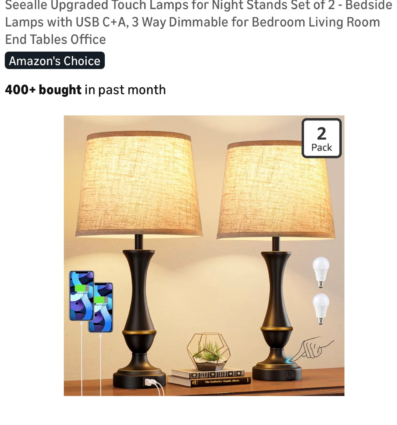 Touch Control Nightstand Lamps Set of 2 with USB Charging 2TC