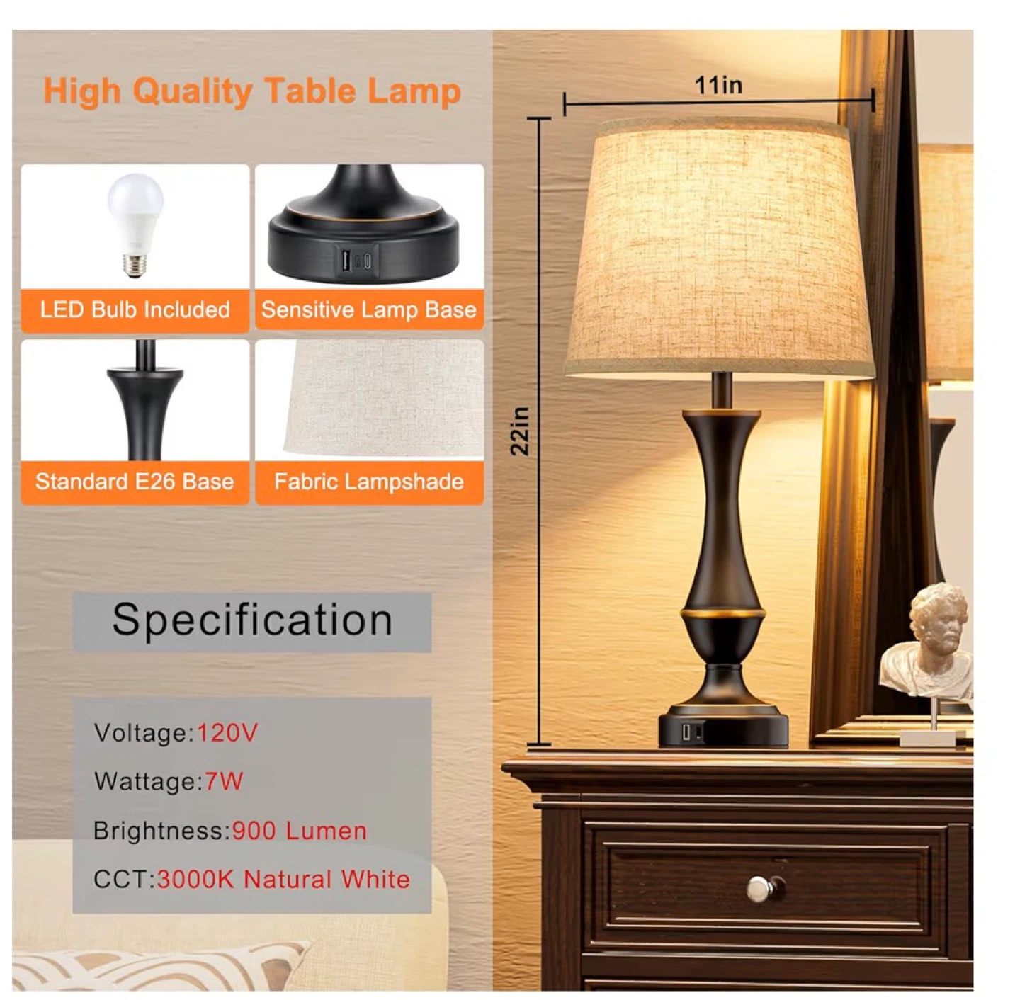 Touch Control Nightstand Lamps Set of 2 with USB Charging 2TC - photo 5