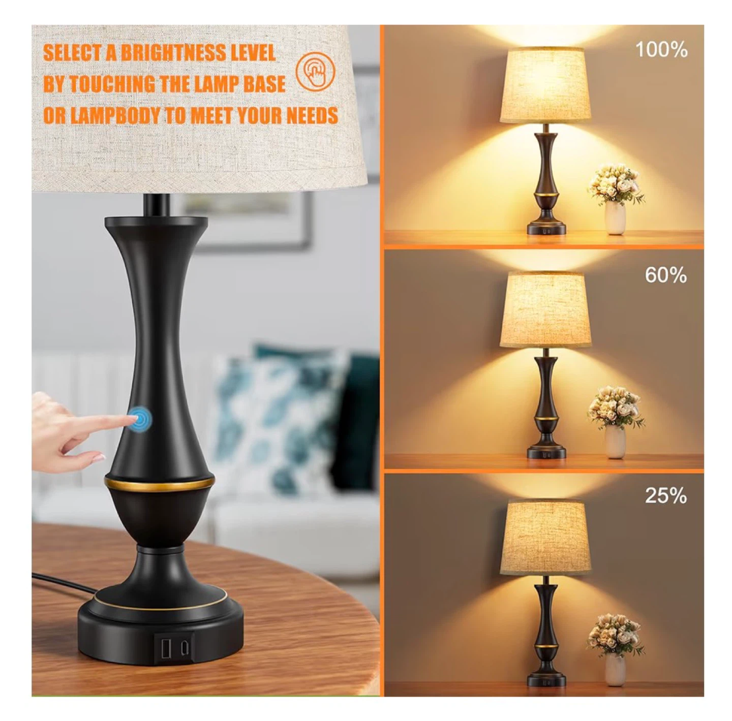 Touch Control Nightstand Lamps Set of 2 with USB Charging 2TC - photo 2