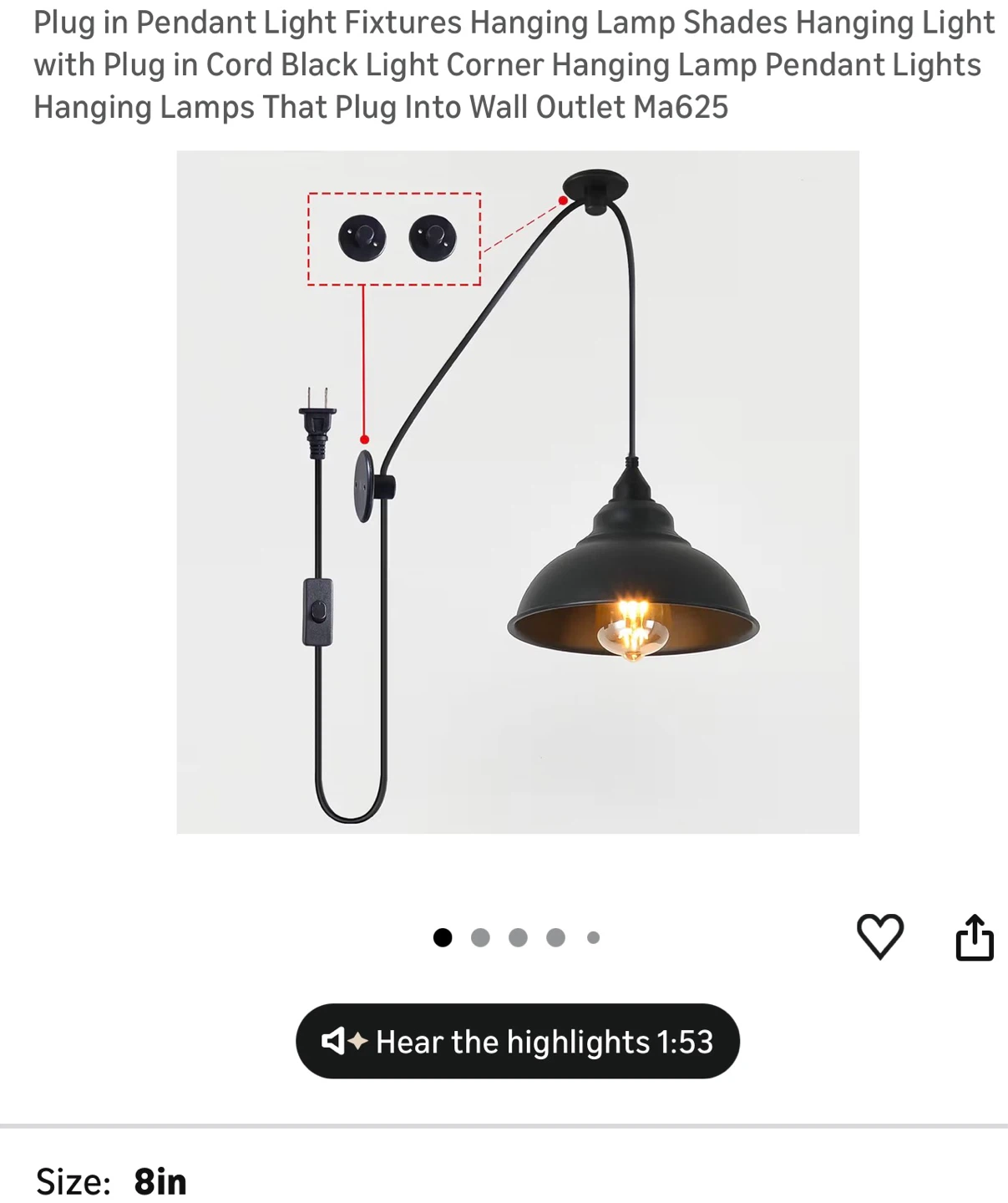 Black Metal Pendant Light Fixture with Plug and Switch