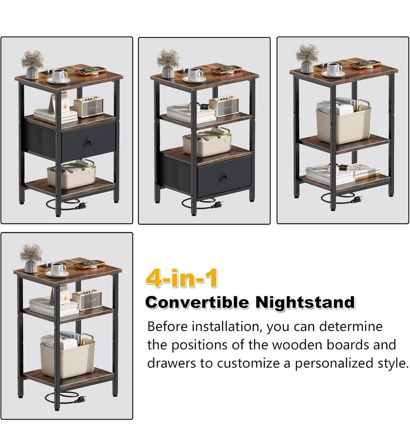 Convertible Nightstand with Charging Station - Brown Black BB3 - photo 4
