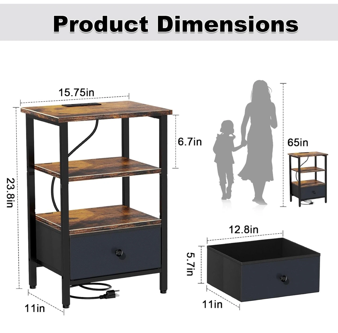 Convertible Nightstand with Charging Station - Brown Black BB3 - photo 2