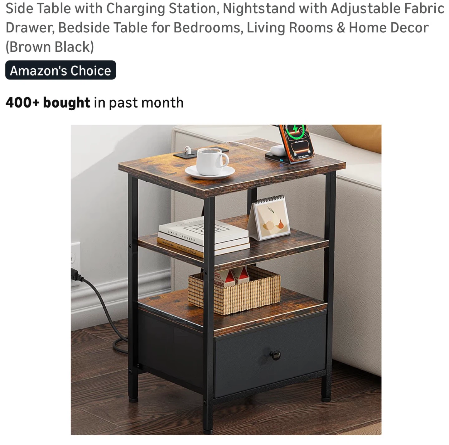 Convertible Nightstand with Charging Station - Brown Black BB3