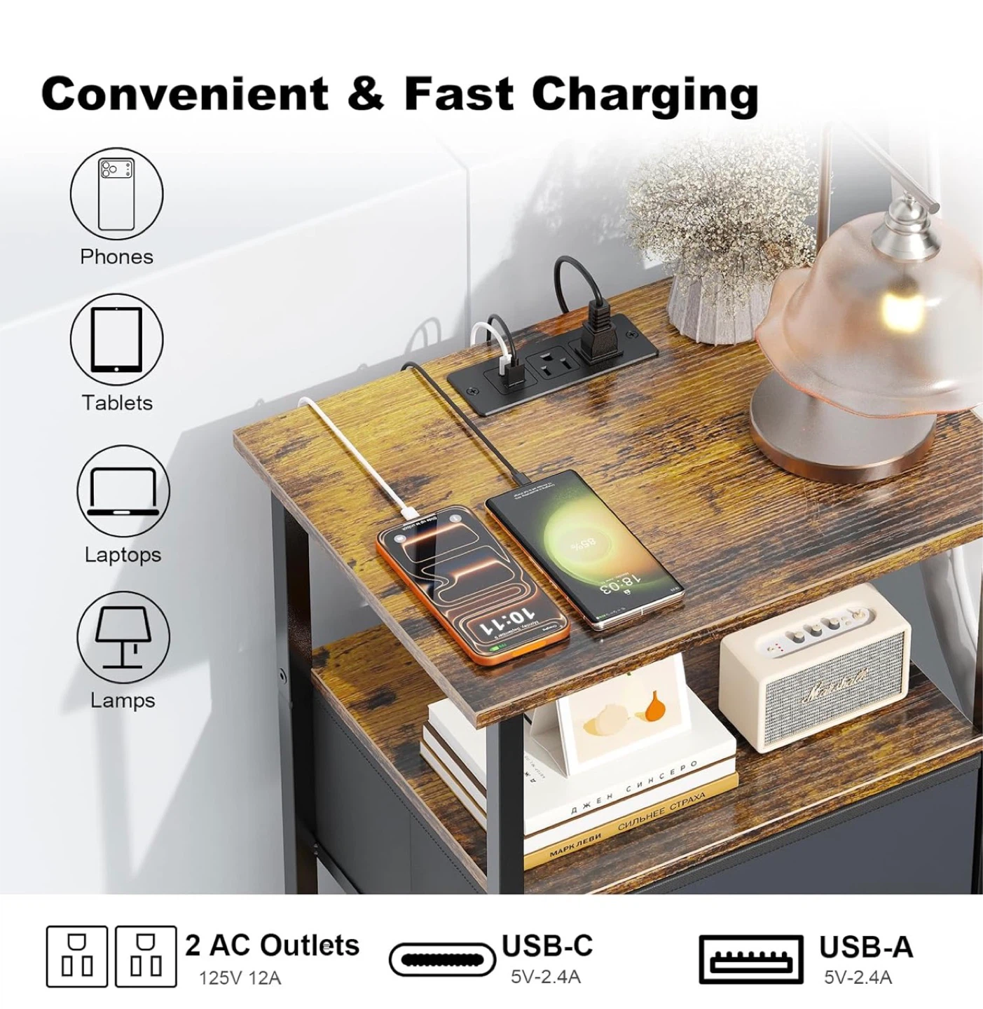 Convertible Nightstand with Charging Station - Brown Black BB3 - photo 3