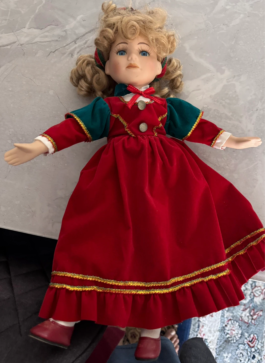 Vintage Porcelain Doll with Red Velvet Dress