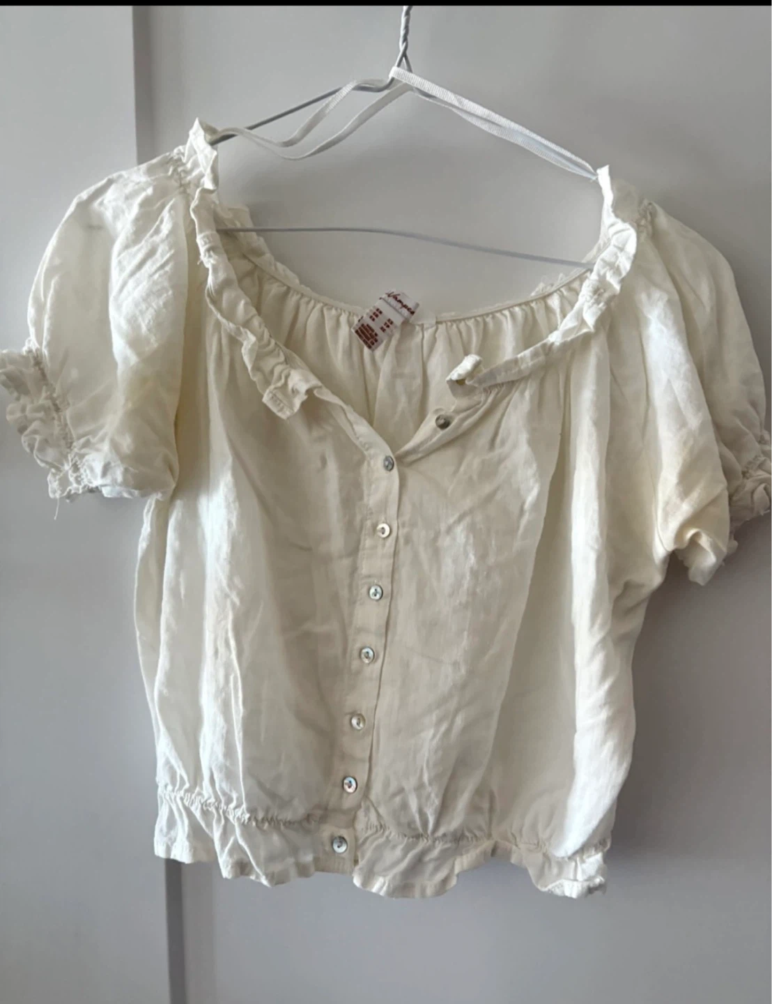 Linen White Smocked Puff Sleeve Blouse - Size Medium - photo 3