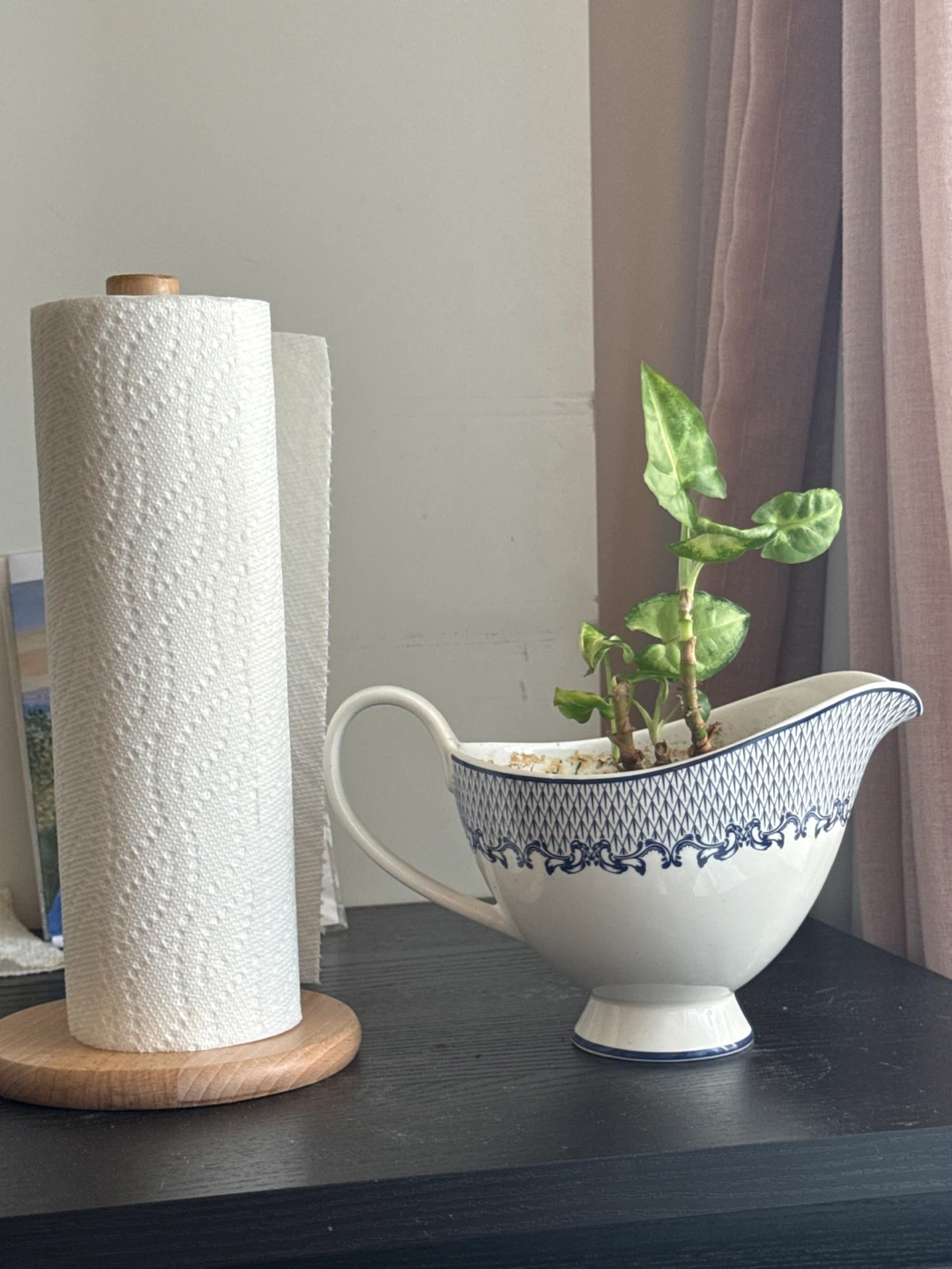 White Gravy Boat with Blue Pattern and Plant