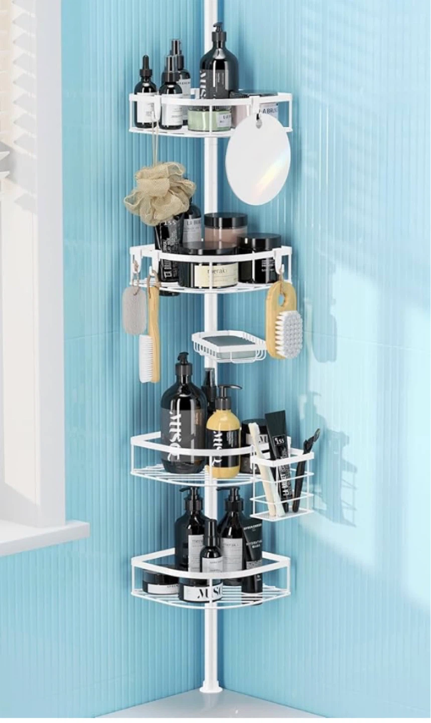 White Corner Tension Pole Shelf Organizer