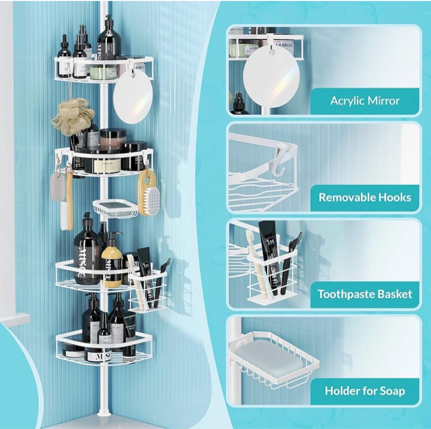 White Corner Tension Pole Shelf Organizer - photo 3