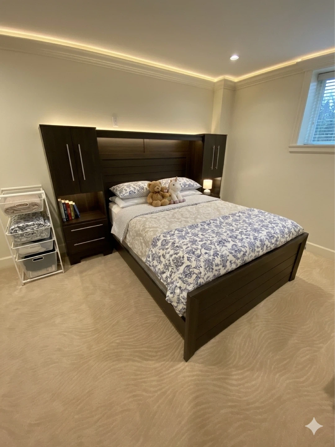 Dark Wood Queen Bed Frame with Built-in Headboard Storage