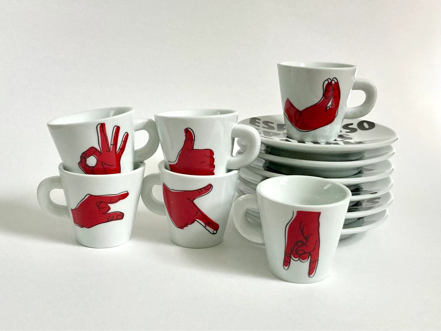 Full Set of Espresso Speaks Italian Cups and Saucers