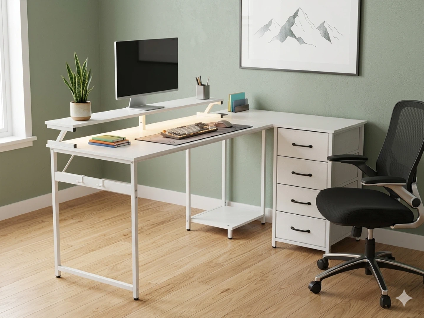 White L-Shaped Desk with Drawers