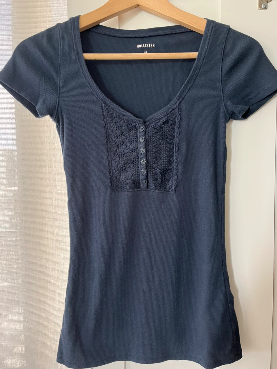 Hollister Women's Ribbed Henley Top - Navy Blue - Size XS