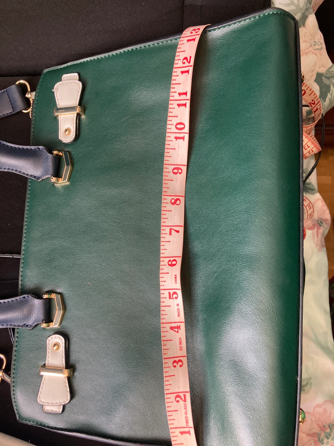 Cleo Green Satchel Handbag with Navy Straps - photo 5