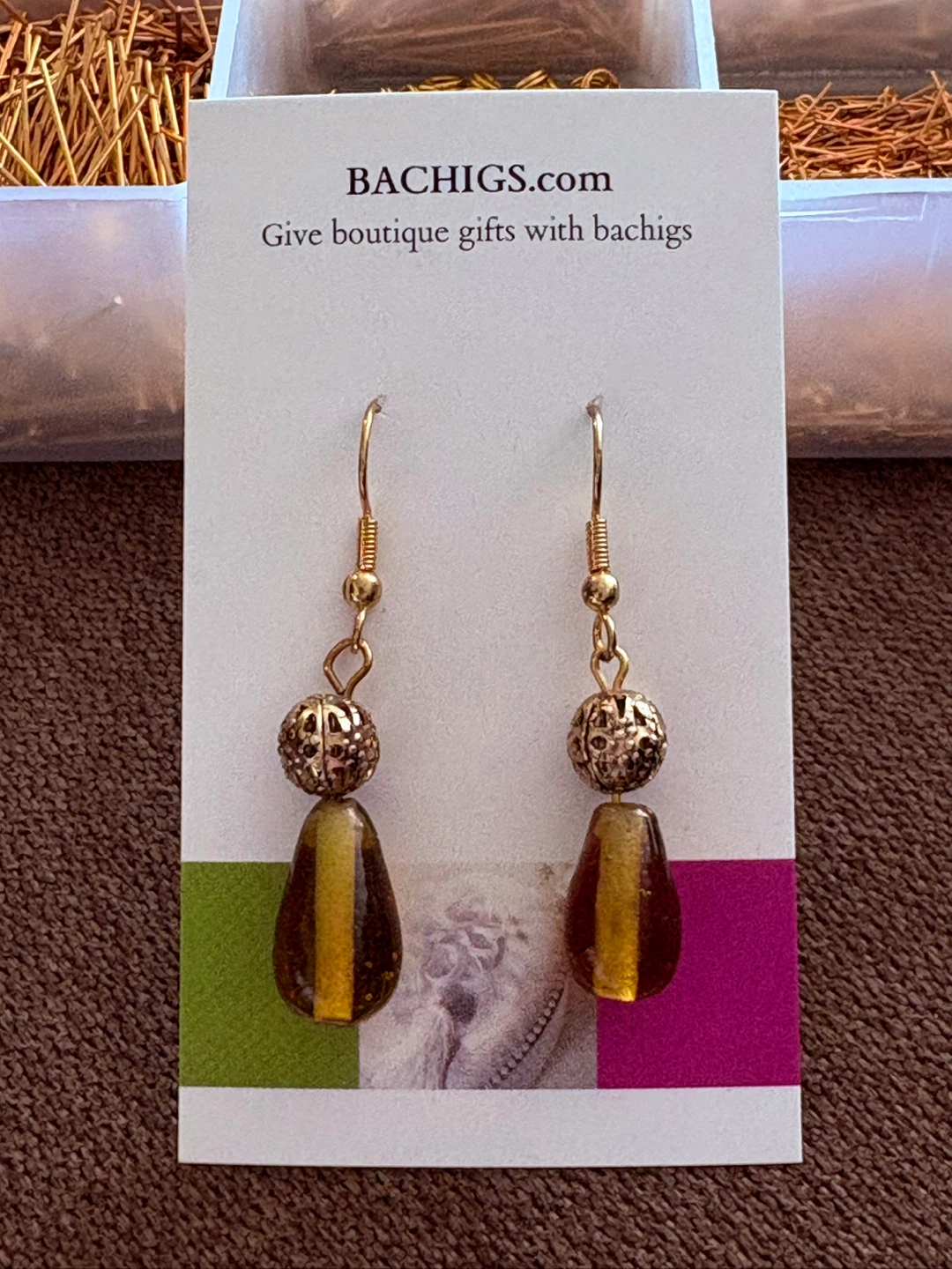 Gold Tone Teardrop Earrings with Beaded Detail