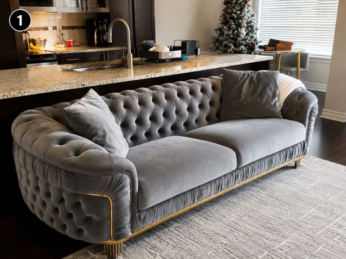 Grey Velvet Tufted Sofa - photo 4