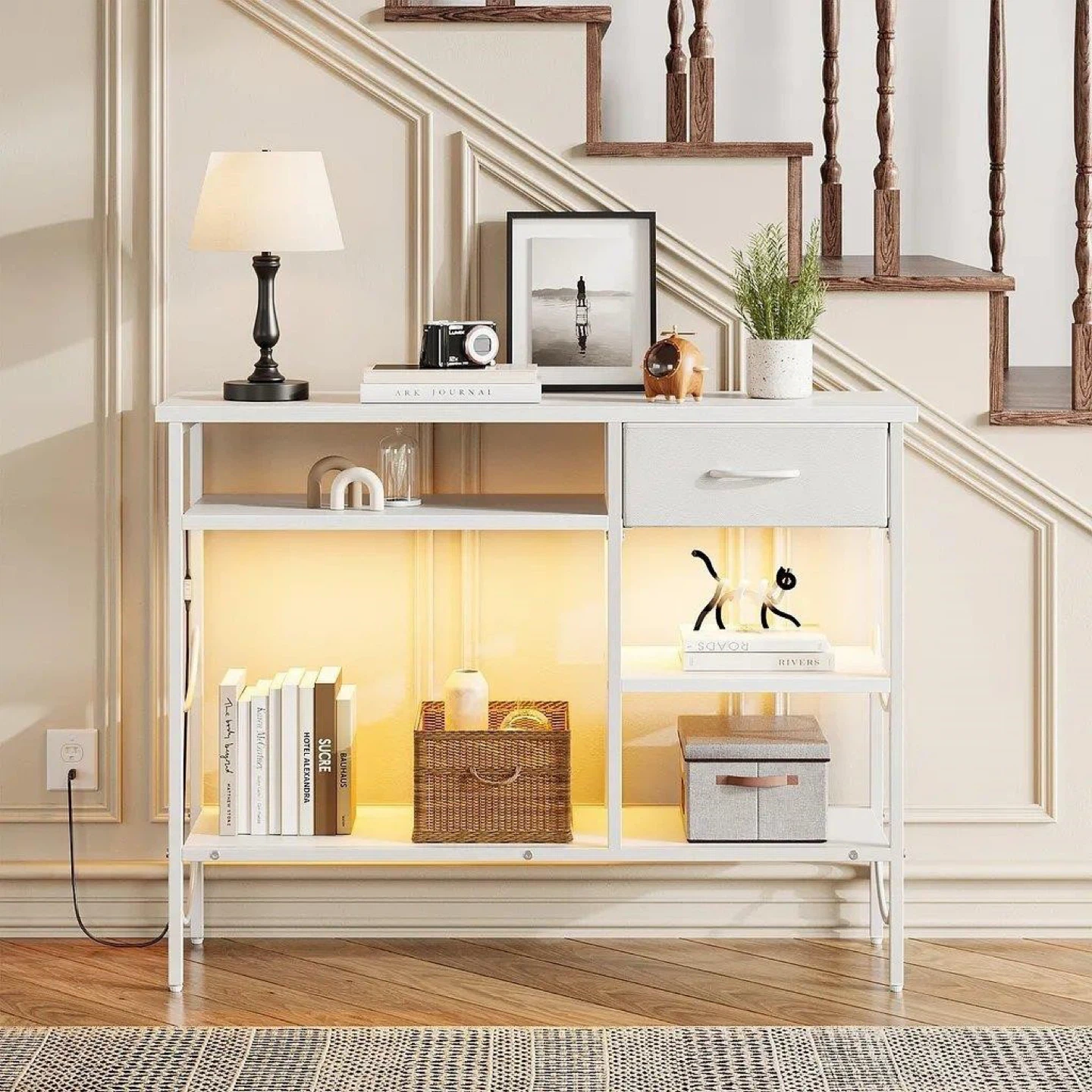 Console Table with Shelves and Drawer Table with LED Light - photo 2
