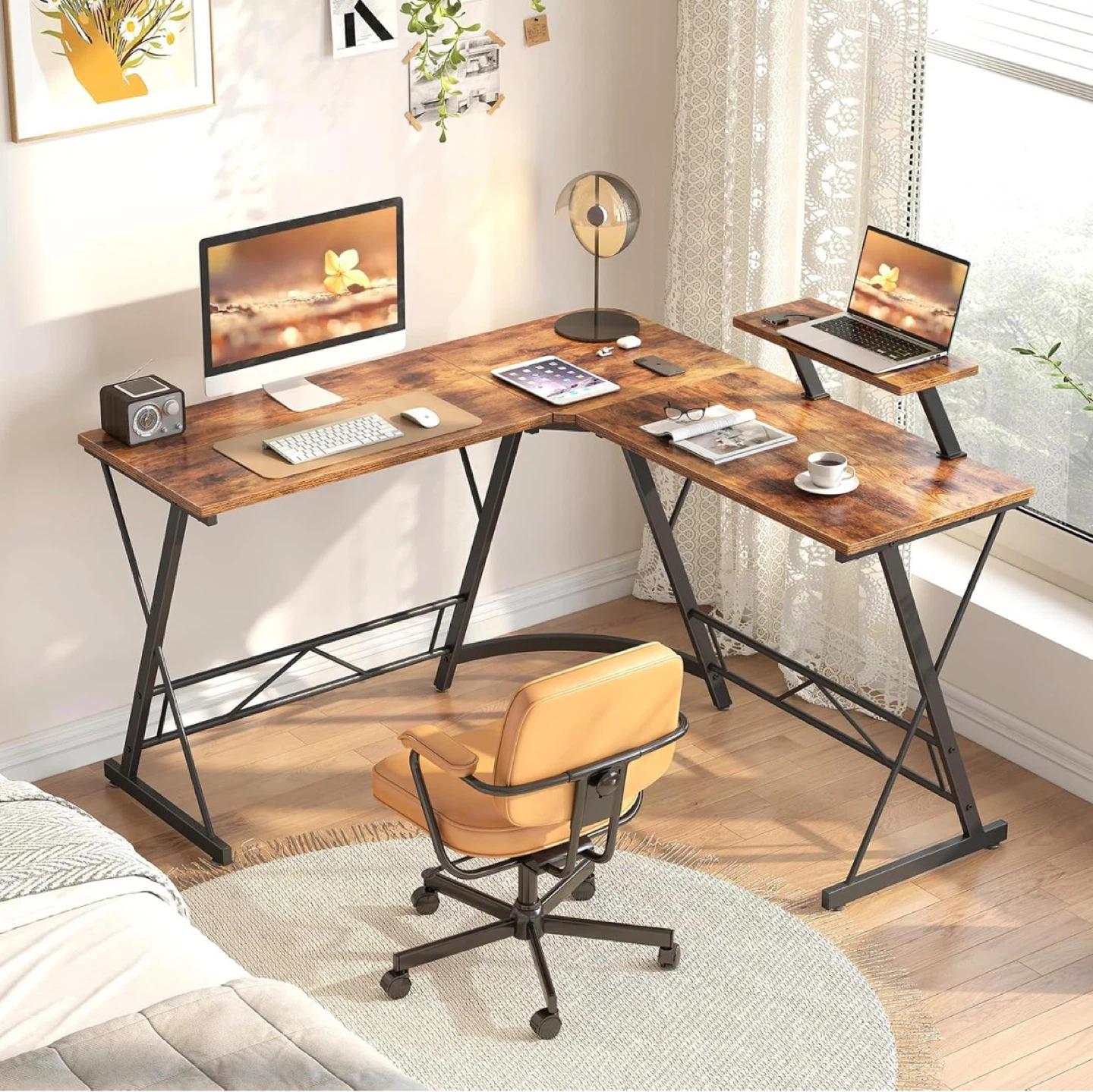 Rustic L-Shaped Desk with Monitor Riser - photo 4