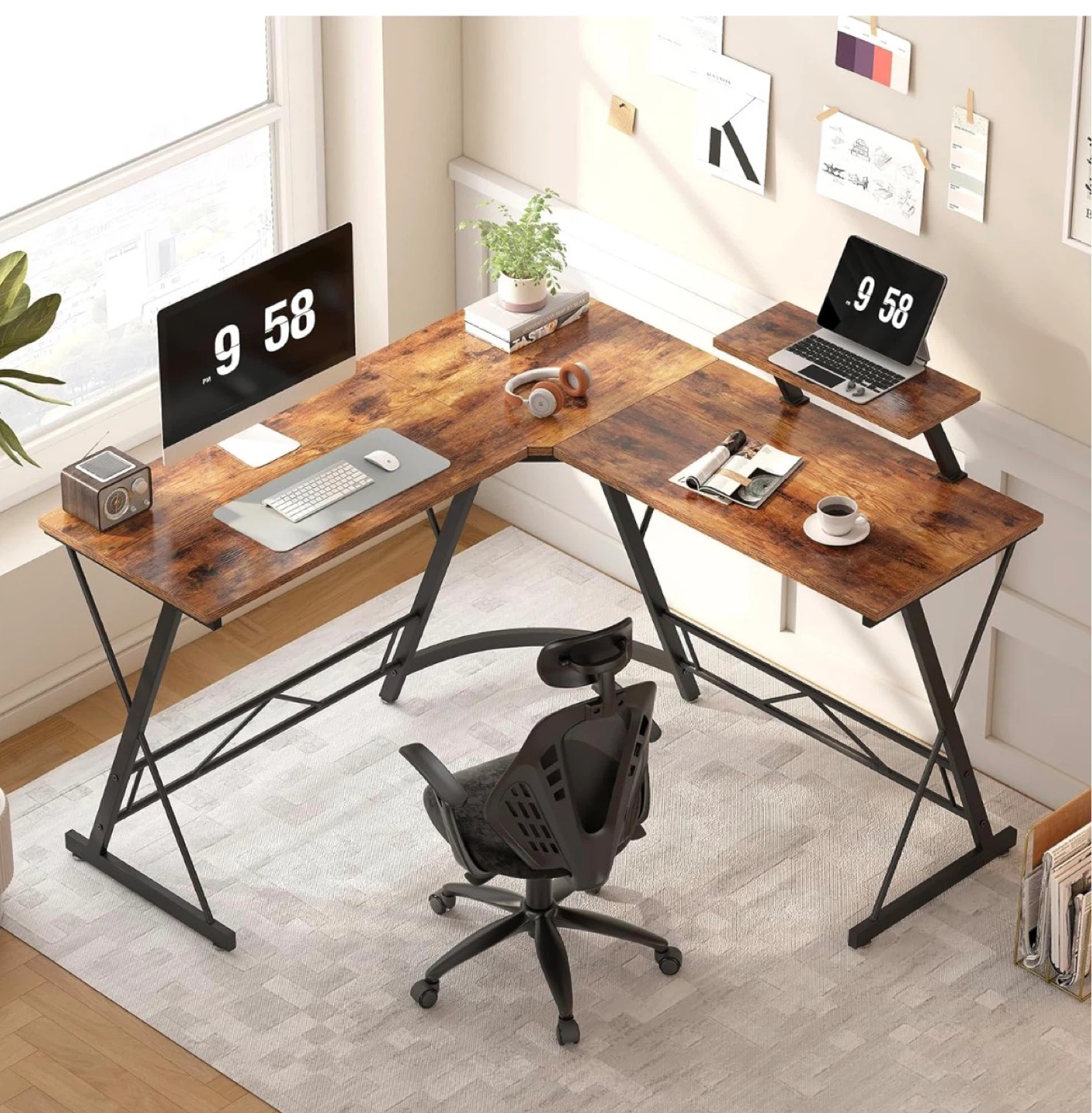 Rustic L-Shaped Desk with Monitor Riser