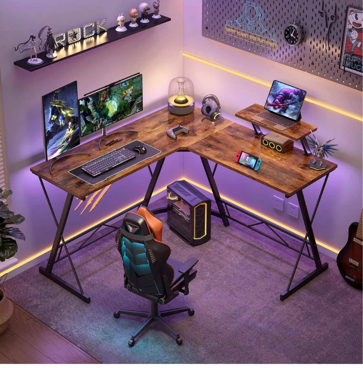 Rustic L-Shaped Desk with Monitor Riser - photo 2