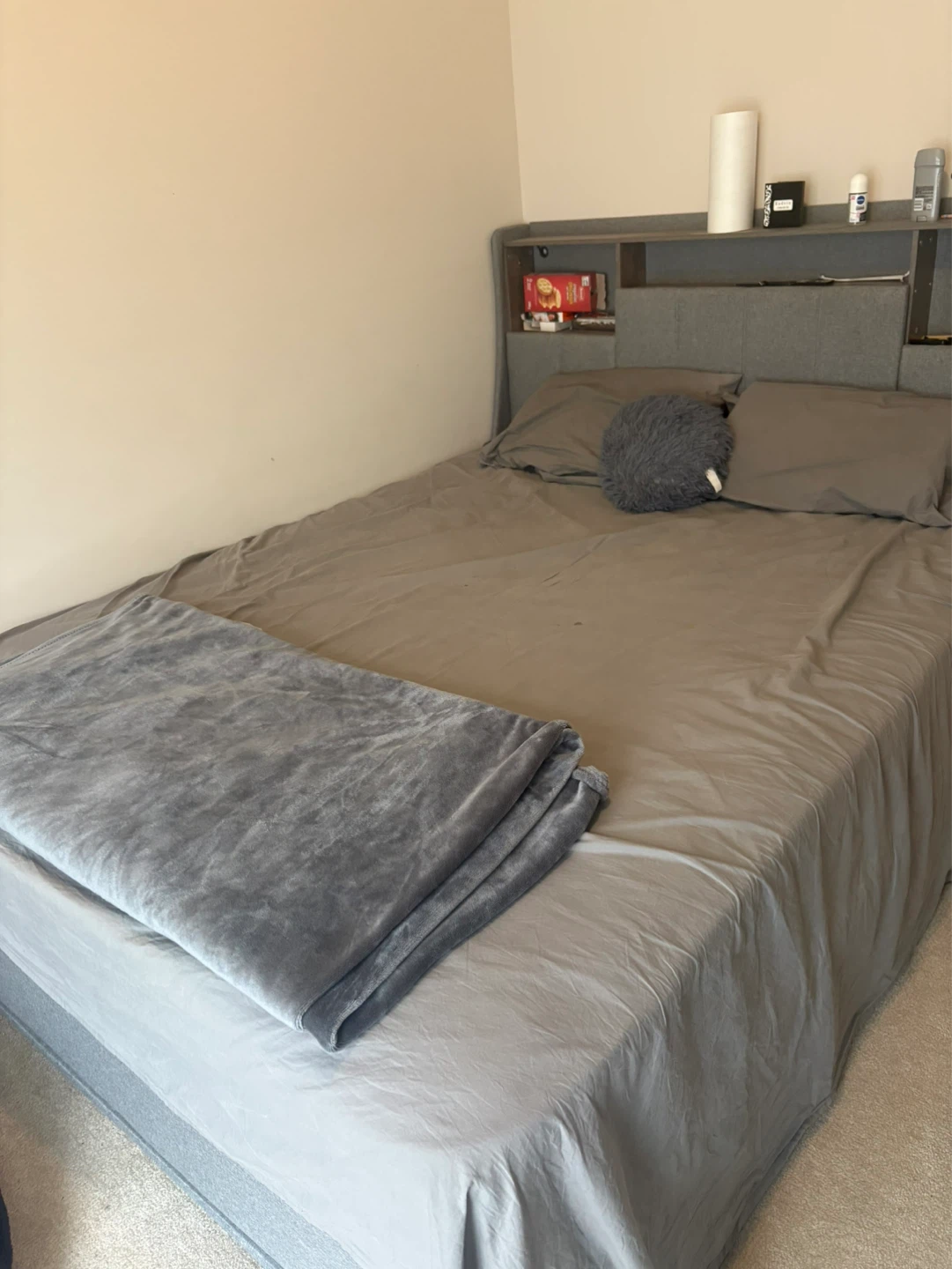 Grey Upholstered Headboard with Storage Shelves