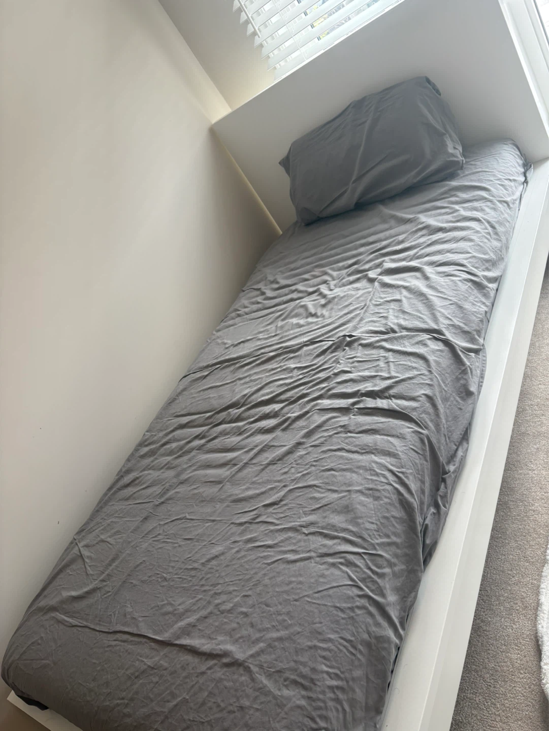 White Single Bed Frame with Grey Bedding