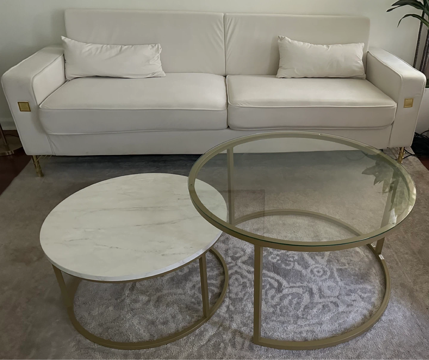 Round Nesting Coffee Tables - Marble & Glass Tops and Beige Sofá