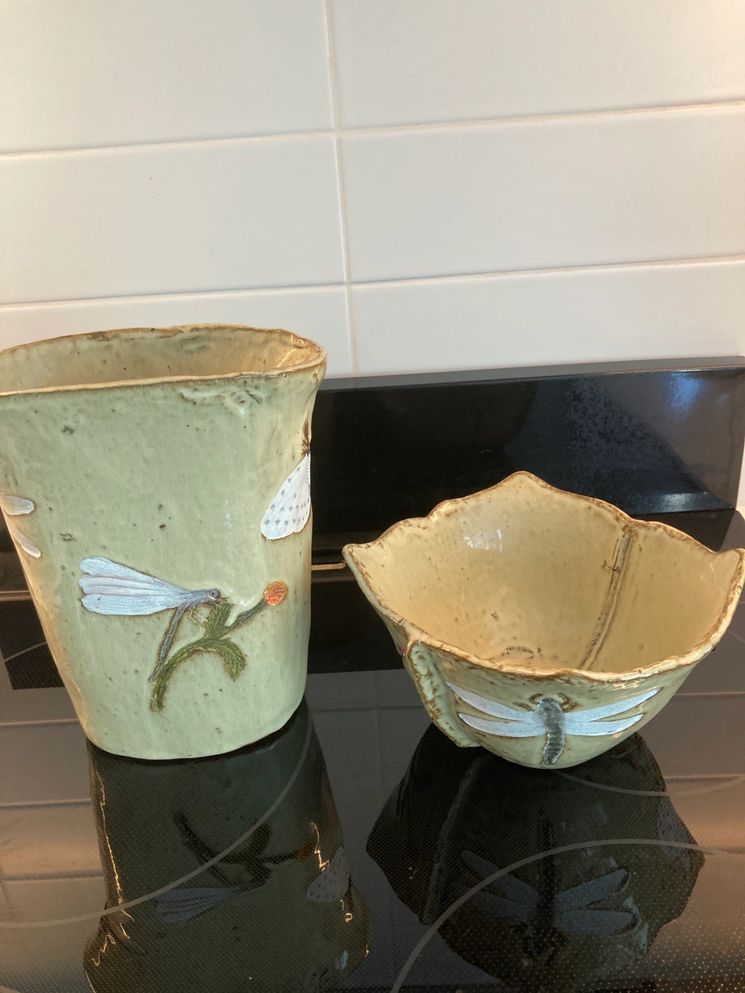 Handmade Ceramic Vase and Bowl Set with Dragonfly Design