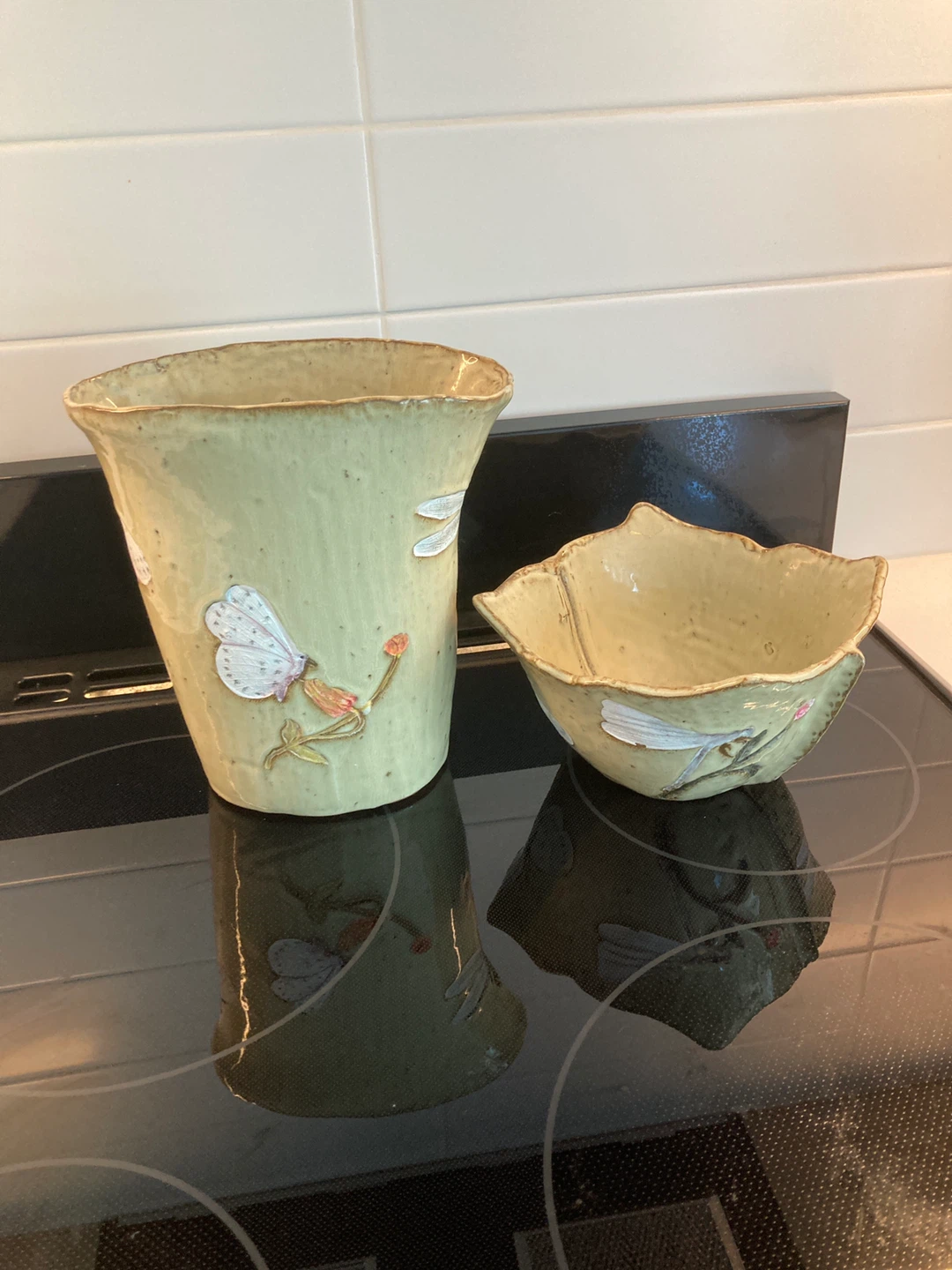 Handmade Ceramic Vase and Bowl Set with Dragonfly Design - photo 2