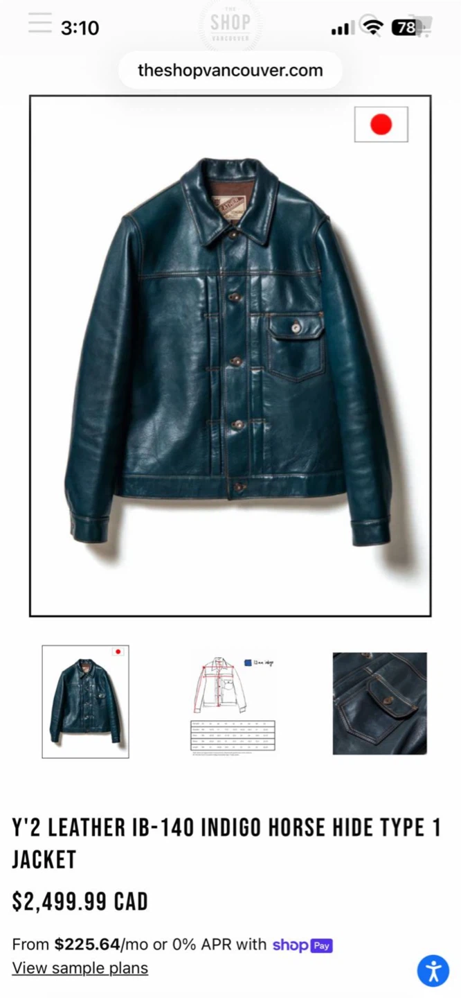 Y'2 Leather IB-140 Indigo Horse Hide Type 1 Jacket Size 46 - photo 5