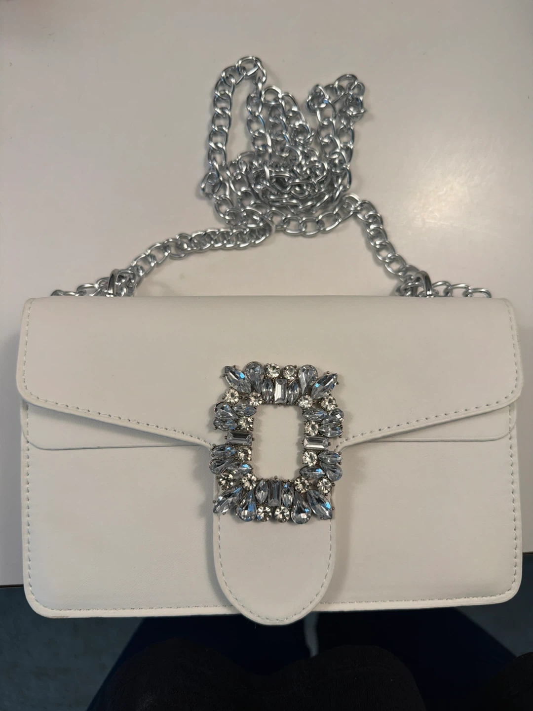 White Clutch Handbag with Rhinestone Buckle