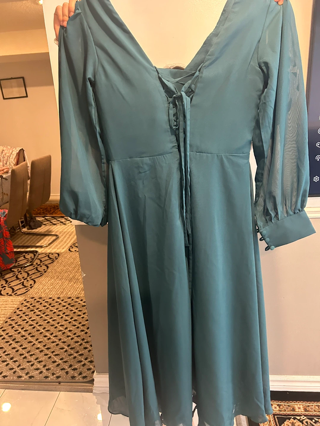 Teal Chiffon Dress with Tie Back and Button Cuffs - photo 5