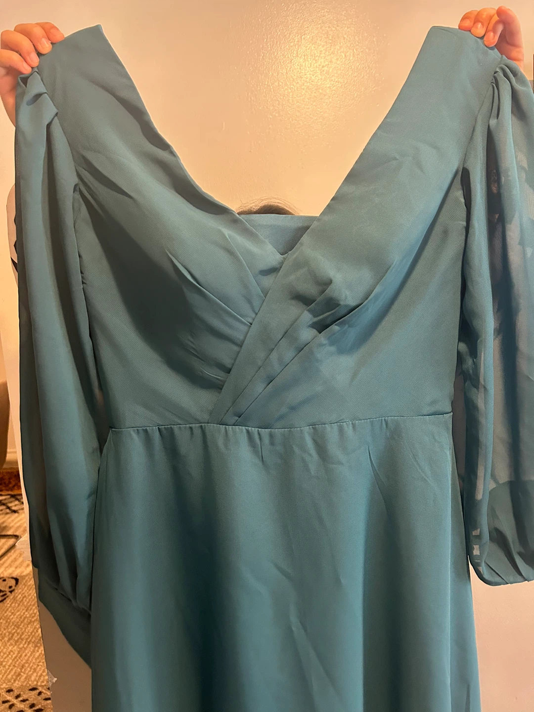 Teal Chiffon Dress with Tie Back and Button Cuffs - photo 4