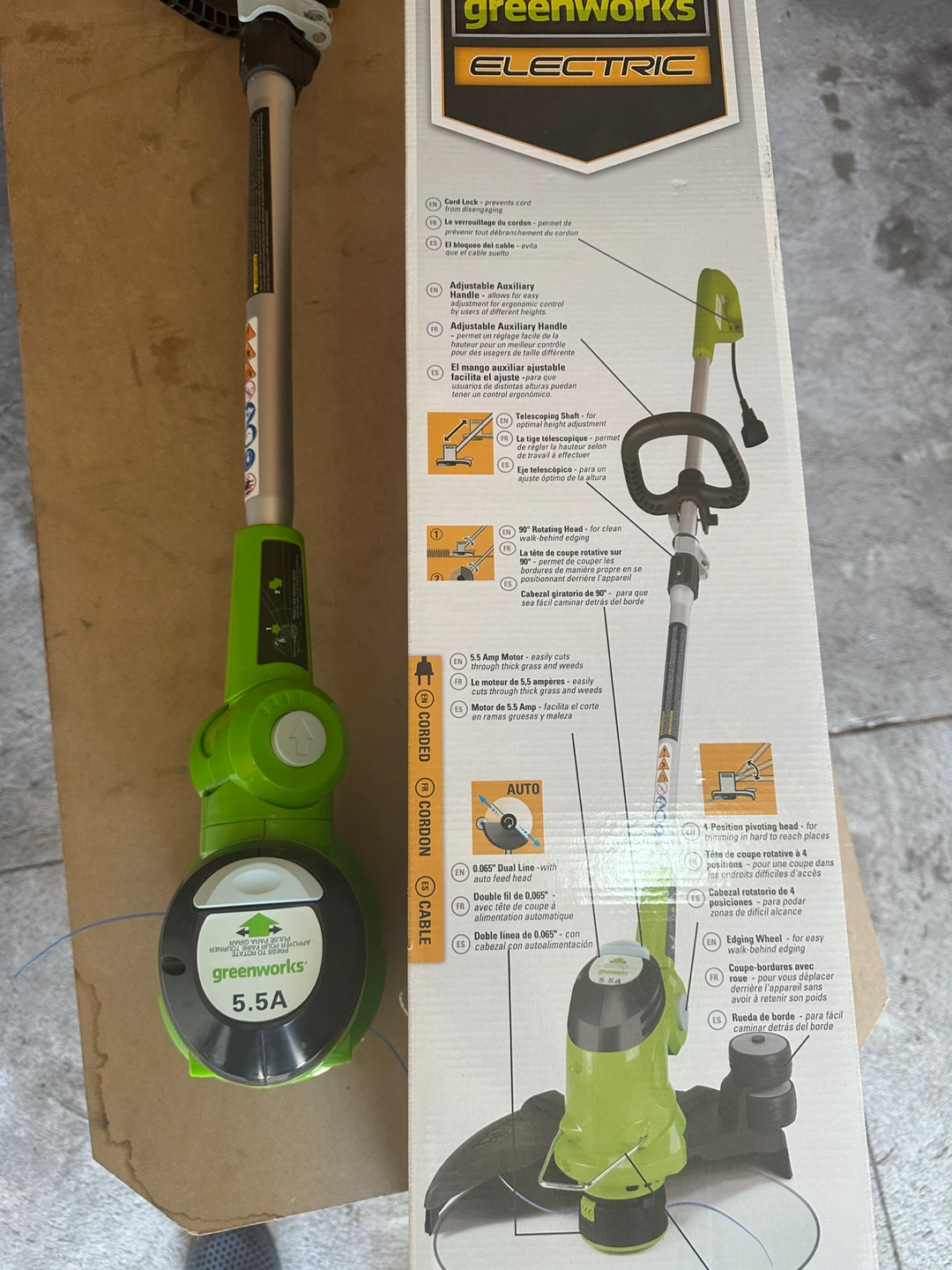 Greenworks lawnmower and 15" 5.5A Corded String Trimmer
