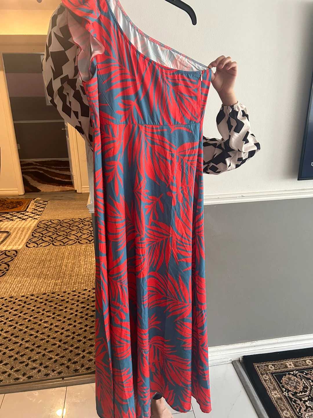 One Shoulder Maxi Dress - Red and Blue Palm Print - Size L - photo 3