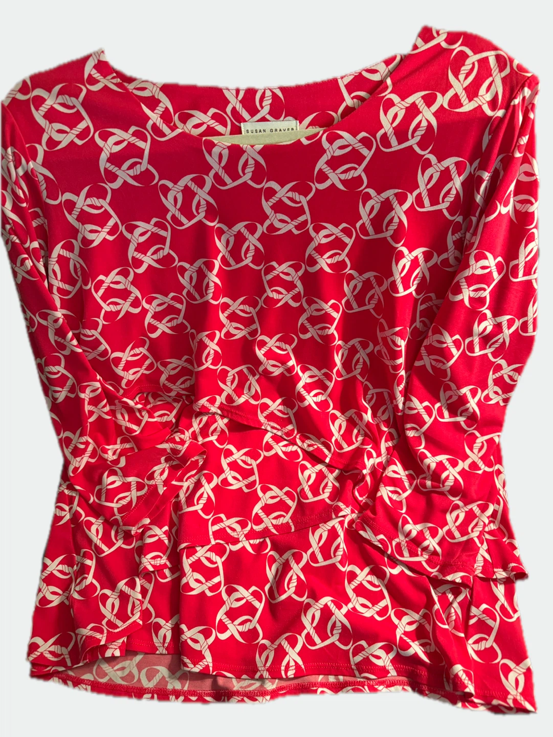 Susan Graver Red White Chain Print Ruched Tunic Top