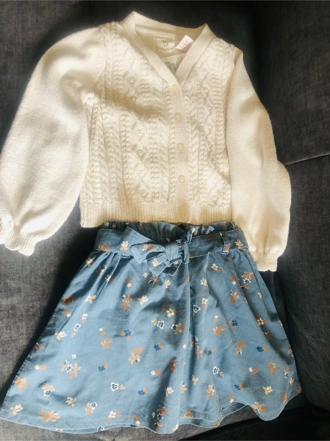 Happily Grey Kids Cream Cable Knit Cardigan & Floral Skirt Set