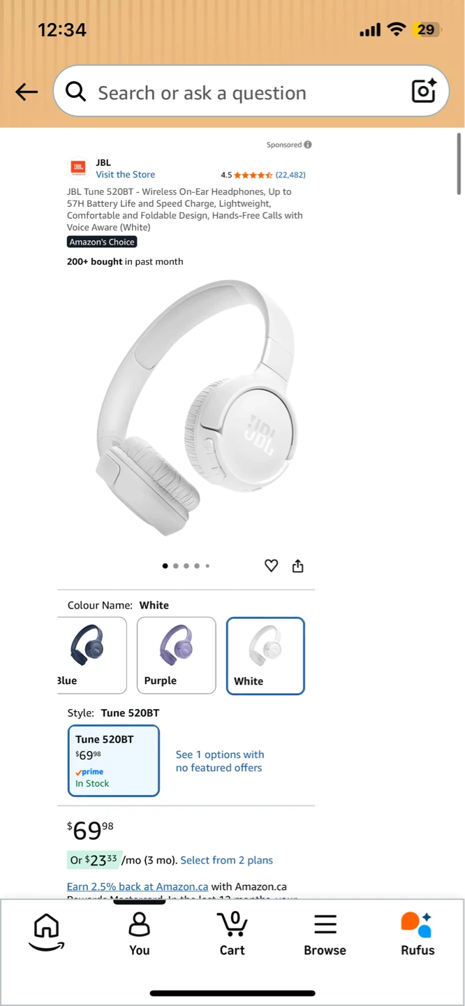 NEW! JBL Tune 520BT Wireless On-Ear Headphones - White