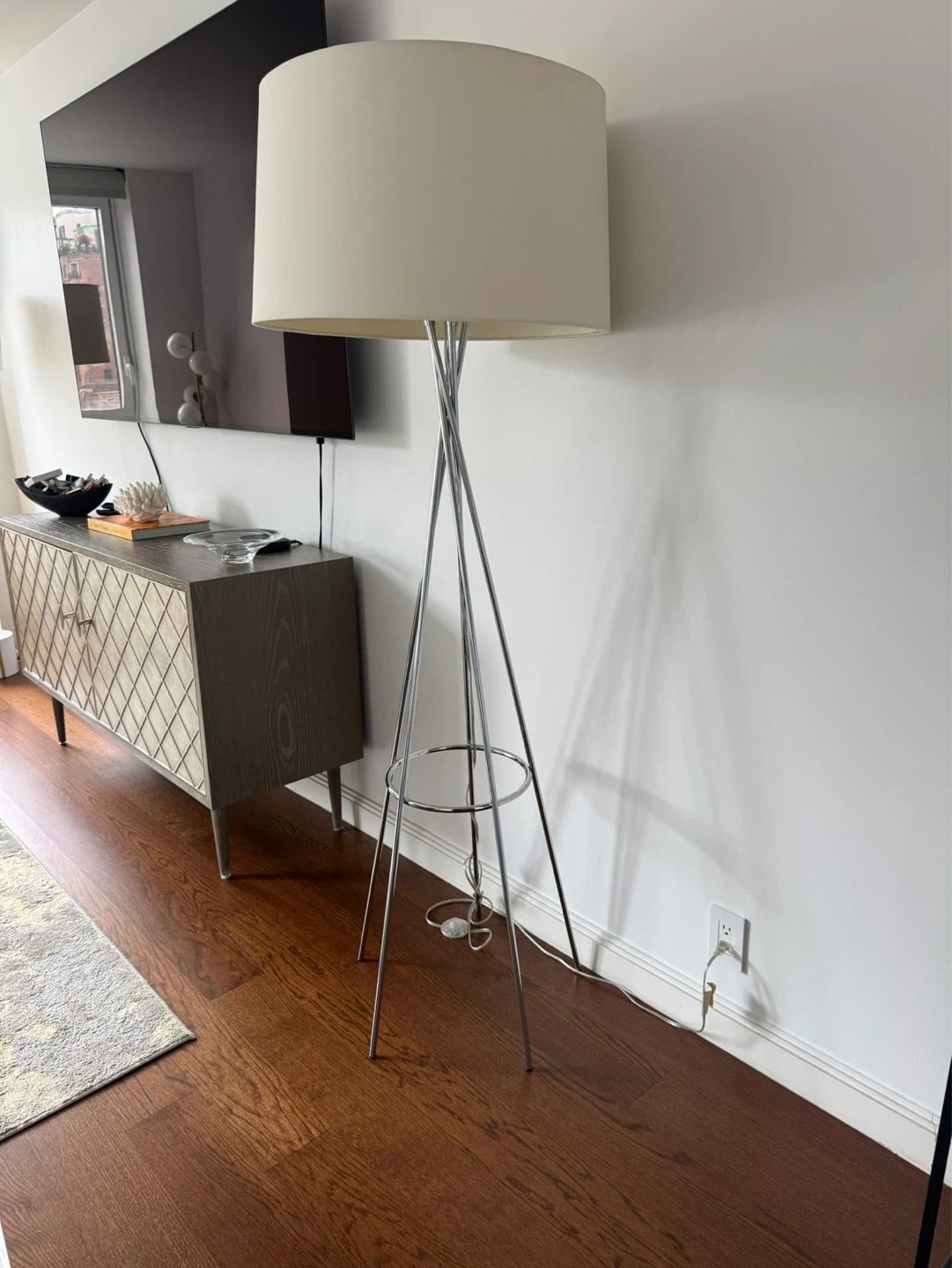 CB2 Floor Lamp - Modern Chrome Tripod with Cream Shade - photo 2