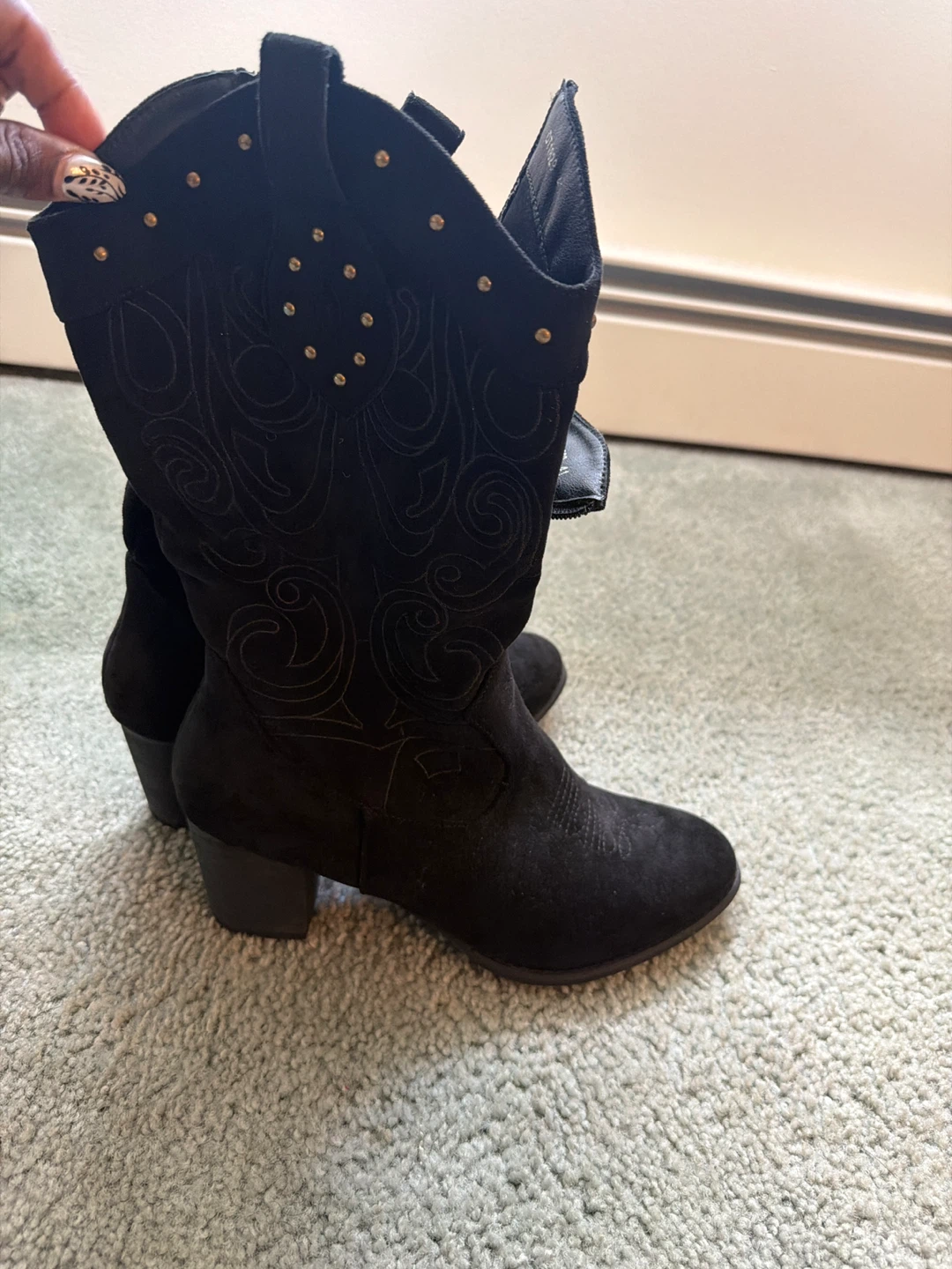 Black Suede Cowboy Boots with Studs