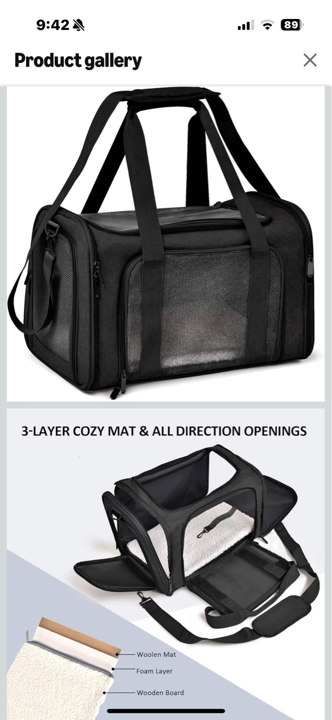 Black Pet Carrier Bag with Cozy Mat