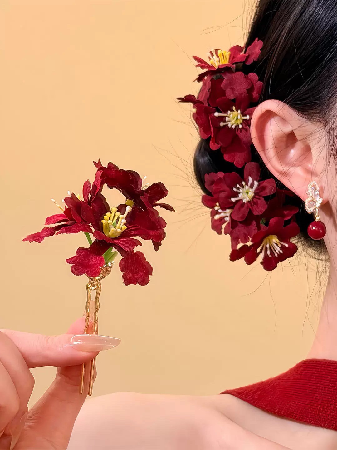 Red Flower Hair Pin and Earring Set - photo 2