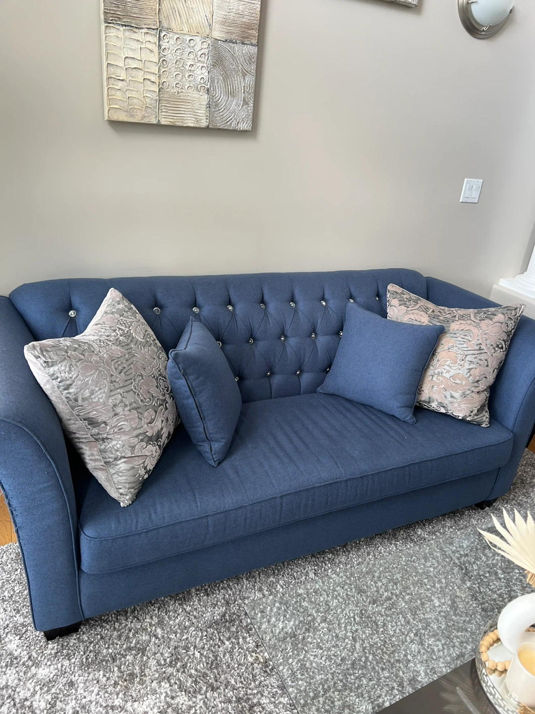 Blue Tufted Sofa with Decorative Pillows - photo 2
