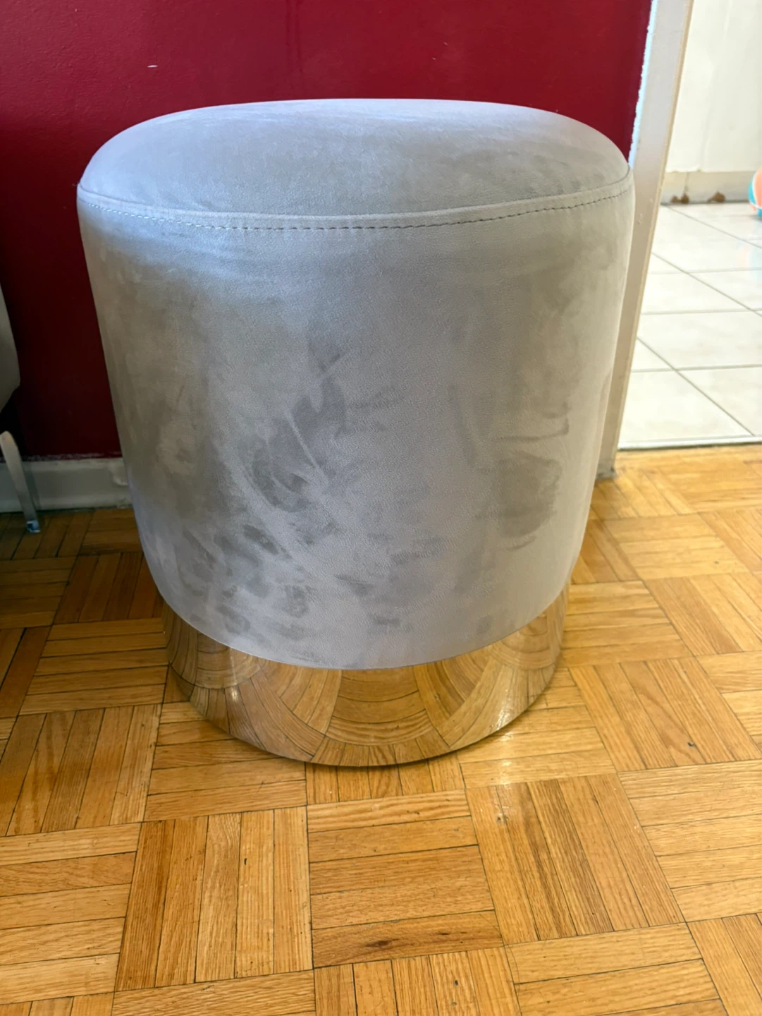 Grey Velvet Ottoman with Gold Base
